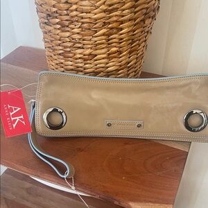 Anne Klein Taupe Patent Wristlet with Light Blue Trim